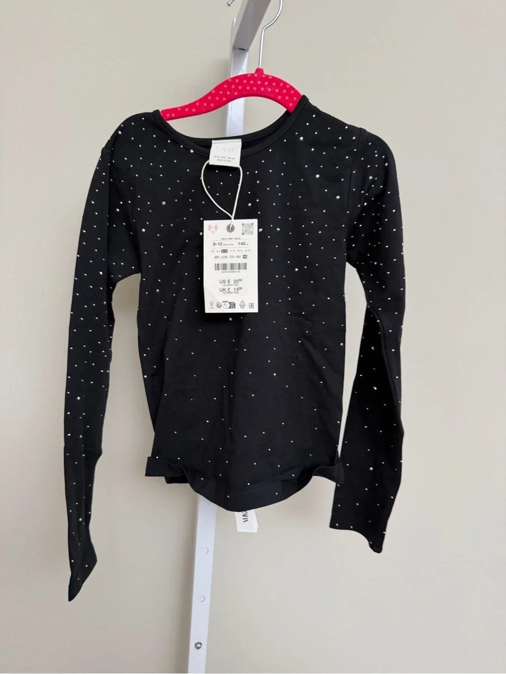 Zara Black Long Sleeve Tee with Tiny White Dots size 9-10 NWt